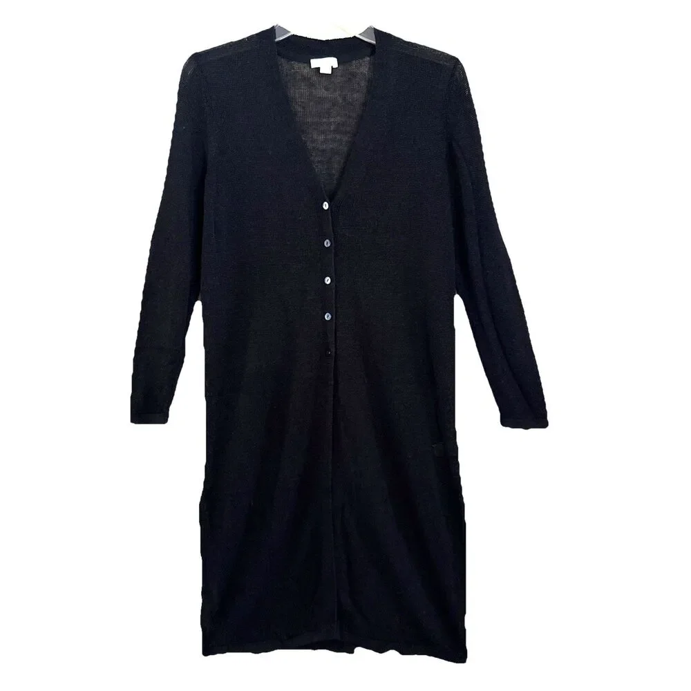 J Jill Linen Open Knit Duster Cardigan Womens Sz S Black Lightweight Lagenlook